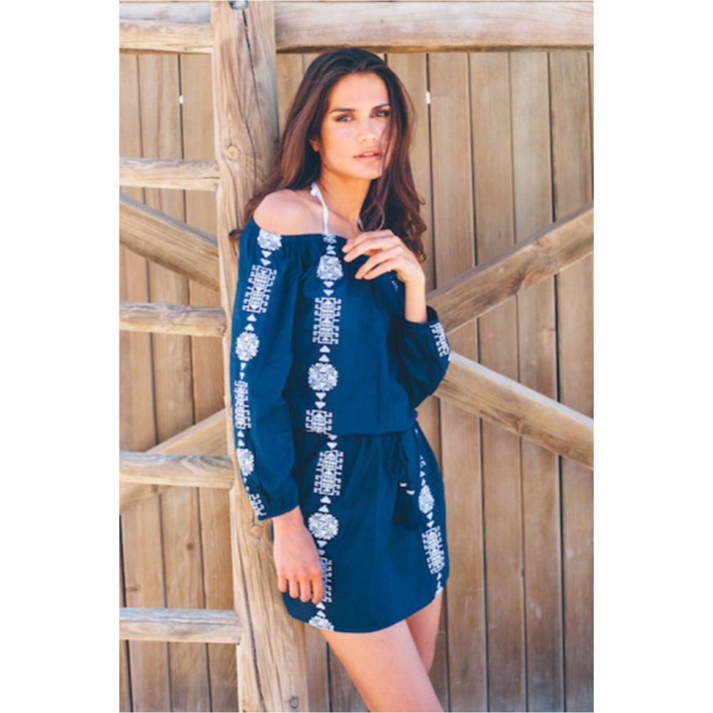 New Pampelone Bardot boho navy blue embroidered mini dress Size Small
